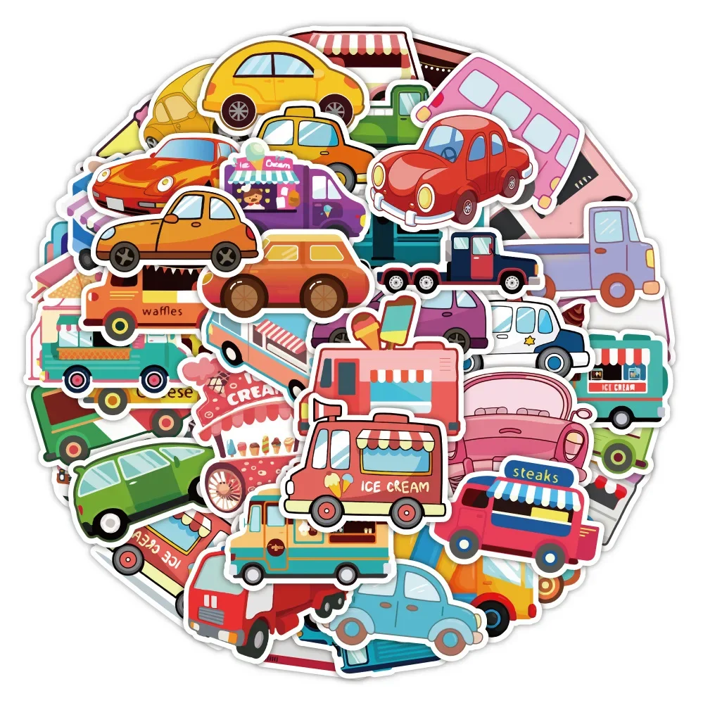 

50 шт. милый мультяшный автомобиль наклейка пожарная машина мороженое фургон инженерный автомобиль ноутбук чемодан аниме аксессуары детские игрушки подарок для мальчика