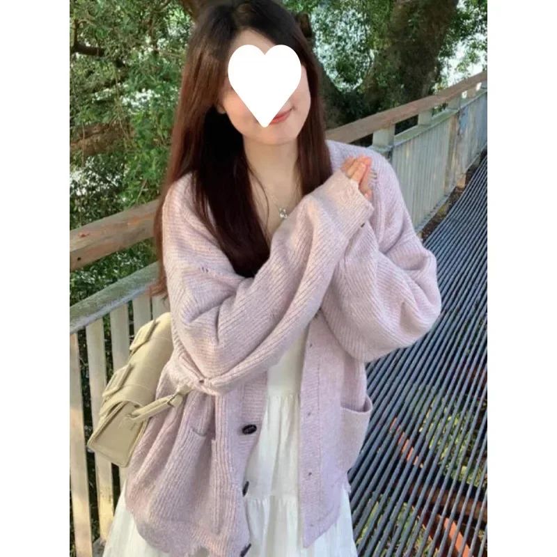 Новое поступление осень/зима 2024 вязаный кардиган с v-образным вырезом сладкий