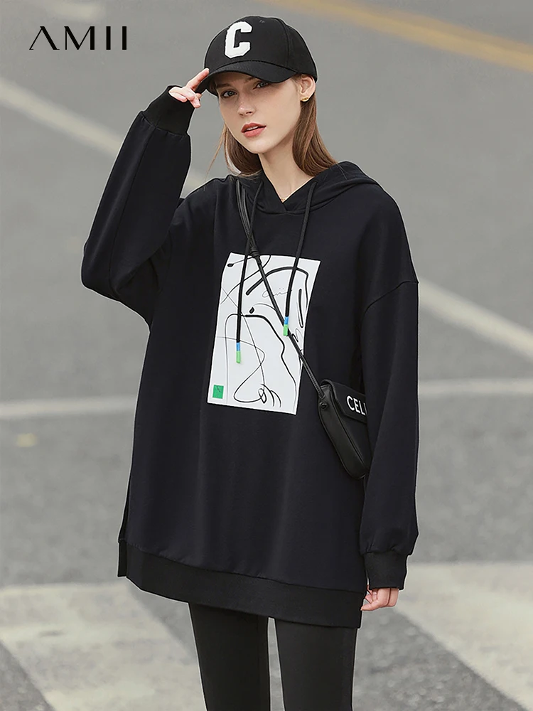 Amii Minimalist Spring Women's Hoodies Fashion Printed Loose Sweatshirt Long Sleeve Casual Hooded Pullover Female Tops 12270106