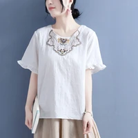 women summer shirts vintage embroidery collar cotton t shirt casual short sleeve o neck blouse chinese style tops mujer de moda