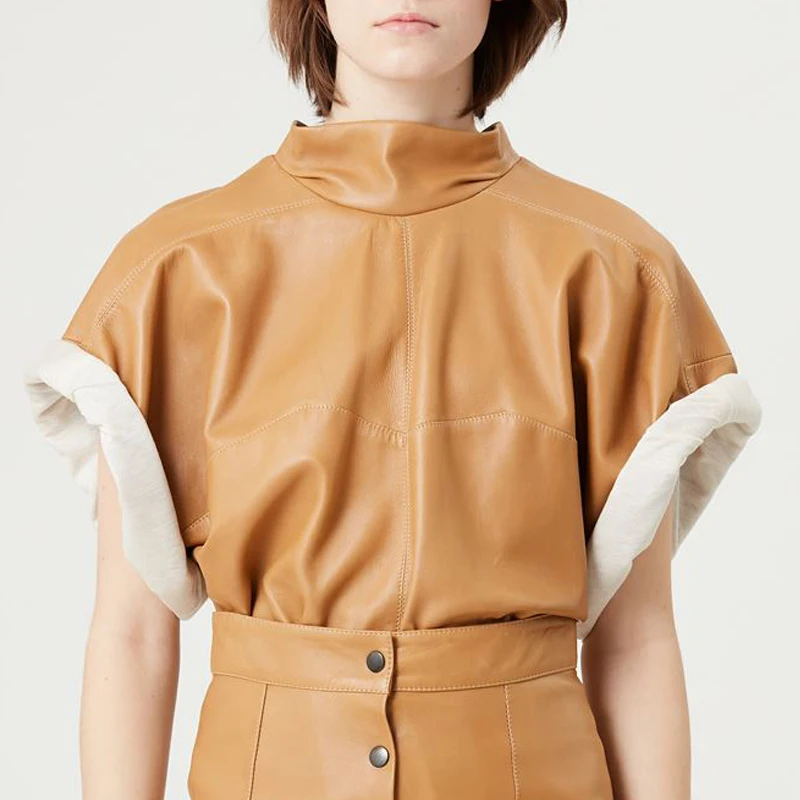 

2022 autumn new products artificial leather short-sleeved T-shirt short fashion waterproof motorcycle clothing warm top women