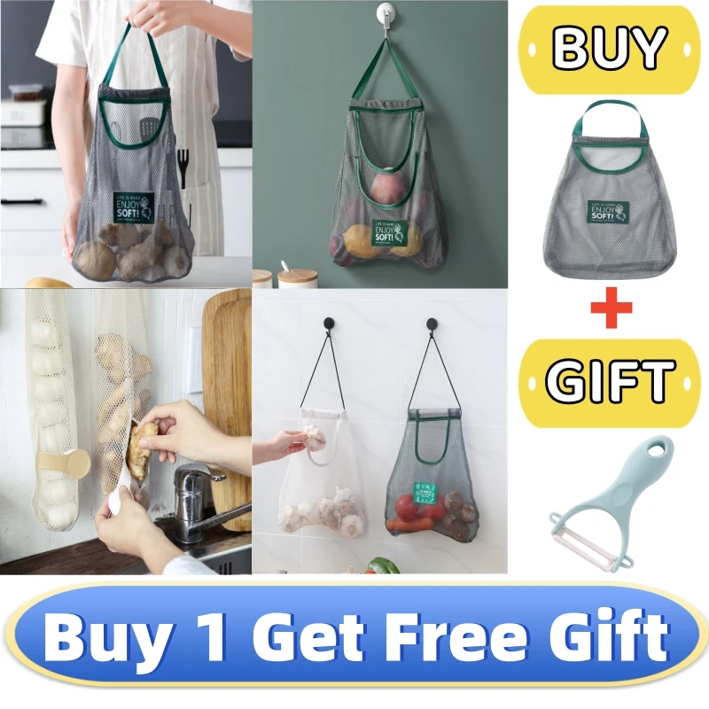 

Reusable Kitchen Hanging Mesh Bag Vegetable Storage Pocket Ginger Garlic Potatoes Onions Net Bags Kitchen Storage Organization