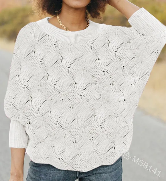 

2023 New Women's Round Neck Hollow Sweater Top Fashion Simple Pullover Lantern Long Sleeve Sweater Knitwear