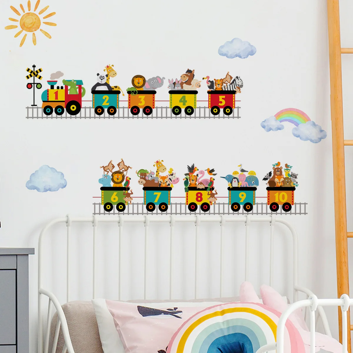 Акварельные Мультяшные животные цифры поезд медведь слон жираф настенные