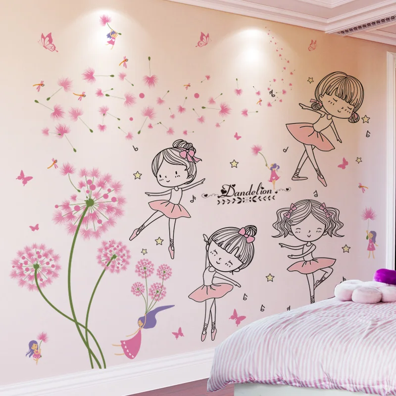 

[shijuekongjian] Cartoon Girl Dancer Wall Stickers DIY Dandelion Flowers Wall Decals for Kids Room Baby Bedroom Home Decoration
