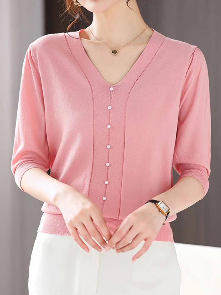 

Beading Thin Knitted T Shirt Women V-Neck Short Sleeves T-Shirts Korean Fashion Womens Clothing Tee Shirt Femme Summer Tops 2022