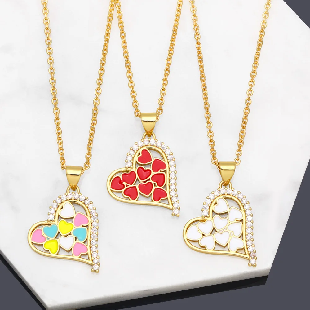 

4 Colors Bohemia Hollow Heart Pendant Necklace for Women Charm White Crystal Colorful Chain Necklace Dripping Oil Jewelry Gift