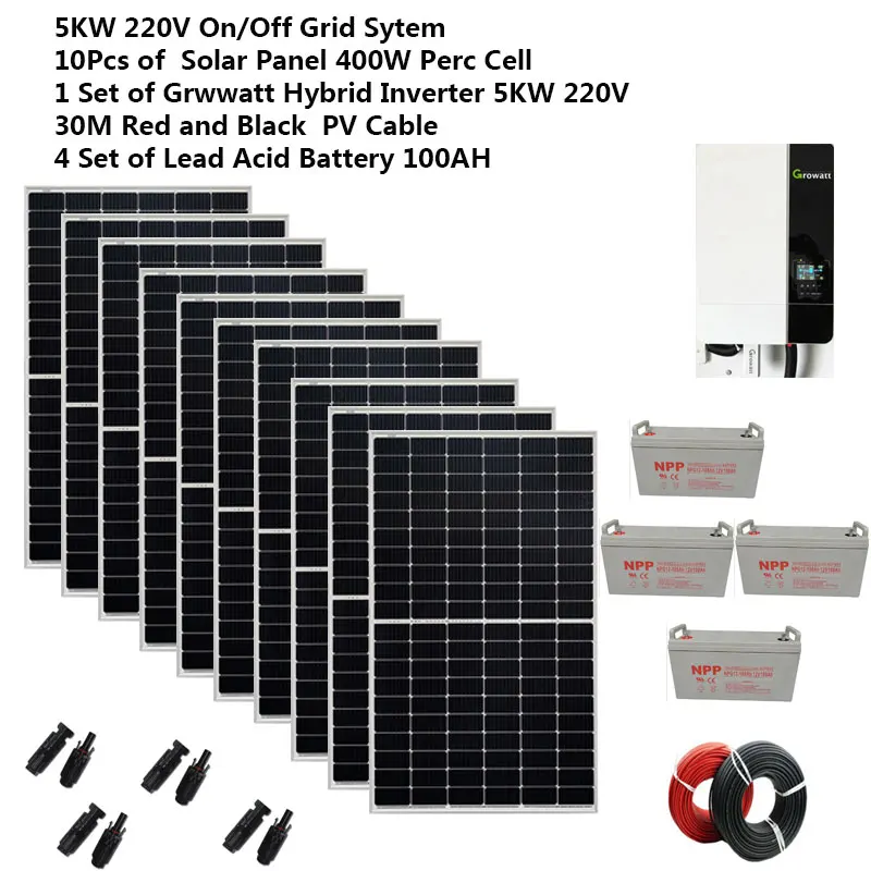 Solar Panel Kit Complete 5000W 5kW 220v 110V PV Panel 400w Hybrid Inverter MPPT Battery Off Grid System 4HP Home Whole House
