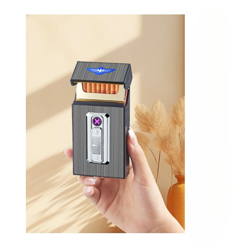Фото Креативный портсигар, перезаряжаемая через USB зажигалка, металлическая ветрозащитная прикуриватель, 20, портативный контейнер для хранения портсигар №4