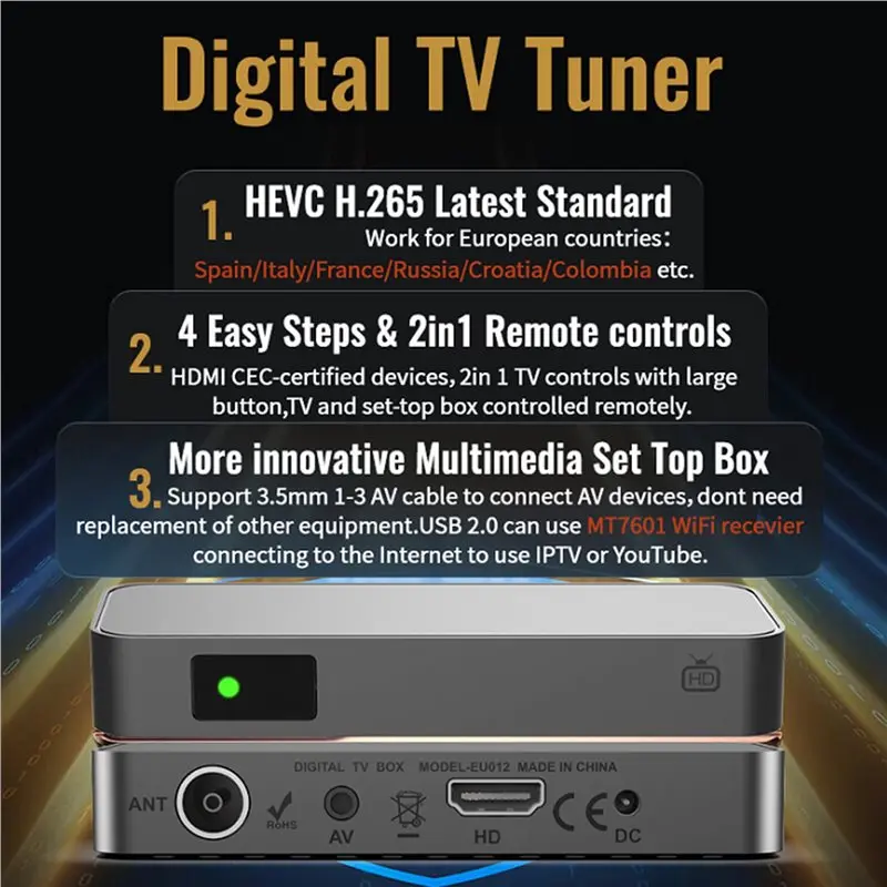Фото B24B H.265 HEVC DVB-T2 C ТВ-приставка с USB, мультимедийным PVR-записью и EPG для Кореи и Северной Америки №3