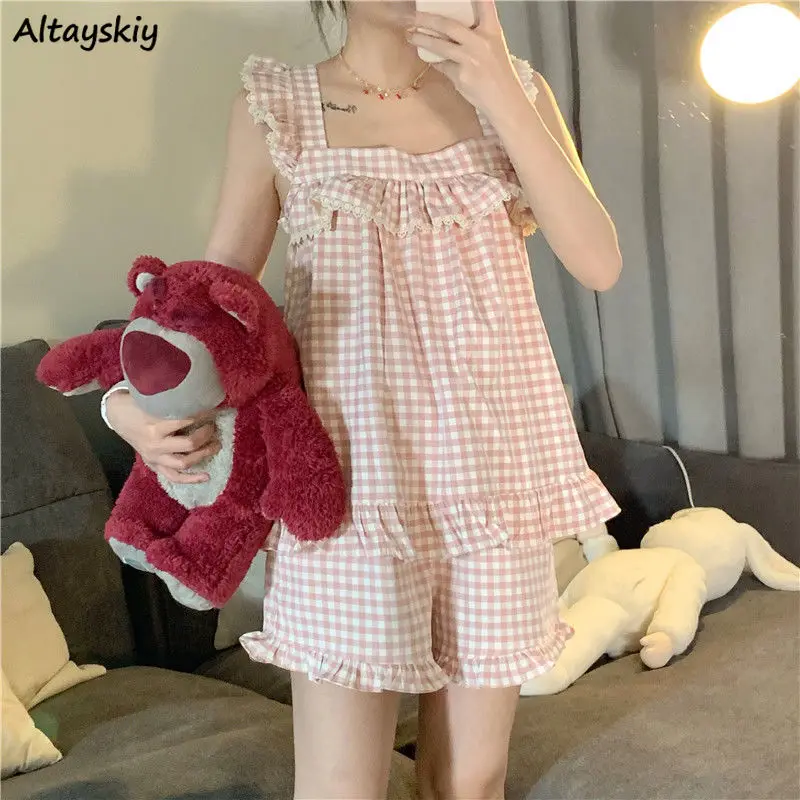 

Pajama Sets Women Plaid Lovely Retro Breathable Homewear Soft Casual Cozy Basic Korean Style Ulzzang Gentle Ins Summer Chic New