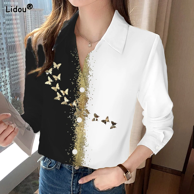 Spring Summer Slight Strech Bufferfly Turn-down Collar Comfortable All-match Long Sleeved Shirts Casual Women's Clothing 2023