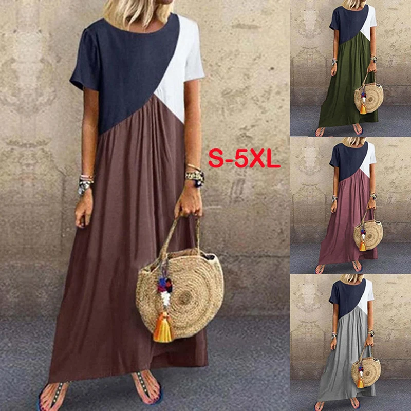 

KAWAICAT Summer Geometric Stitching Contrast Color Irregular Short-sleeved Dress Casual Long Skirt