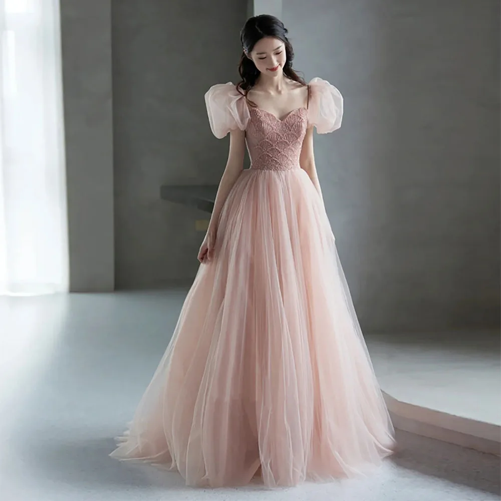 

Pink Vintage Square Collar Puff Sleeve Prom Dresses Fashion A-Line Off Shoulder Classic Lace Up Evening Gowns Vestido De Fiesta