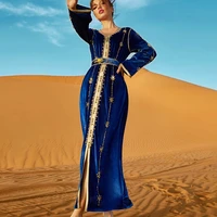 wepbel elegants dubai abaya muslim dress for women hand stitched diamond luxurious islamic clothing robe blue velvet party dress