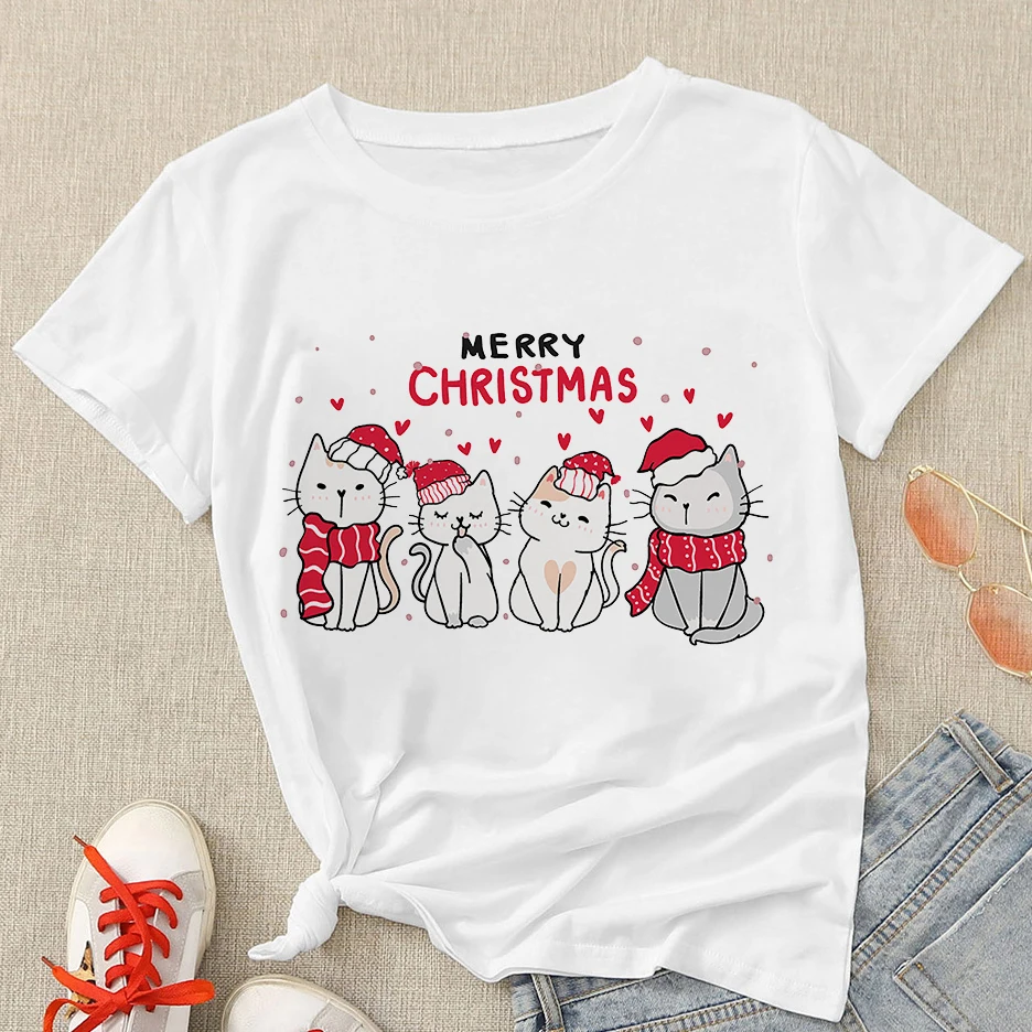 

Merry Christmas Ladies Fashion T-shirts White Short Sleeve Graphic T Shirt Cats Cartoon Top Round Neck Comfortable Soft New In