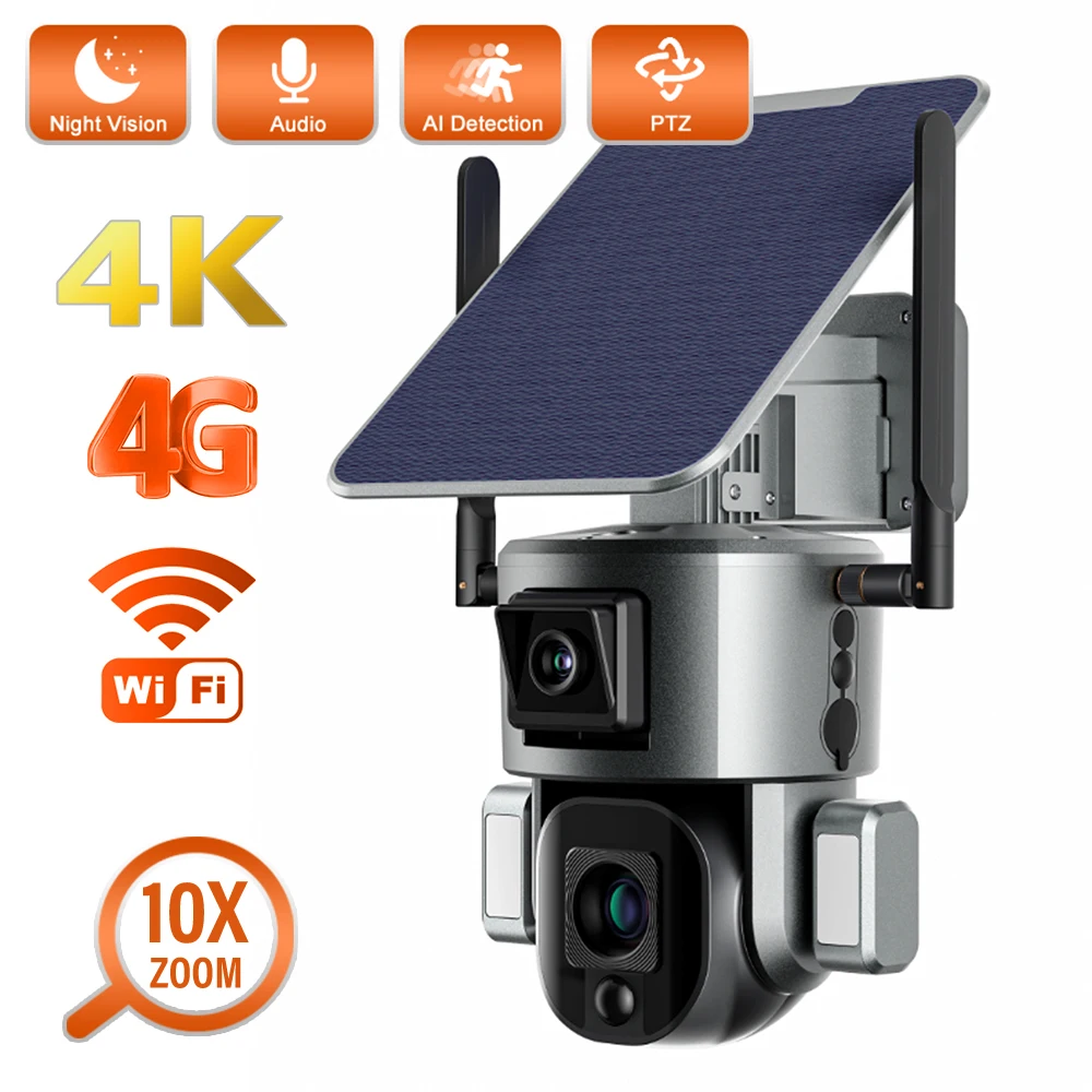 

PEGATAH 8MP 4G Wifi Outdoor Solar IP Camera 4K Wireless Dual Lens Solar Panel Human Detect P2P Security Surveillance PTZ Cameras