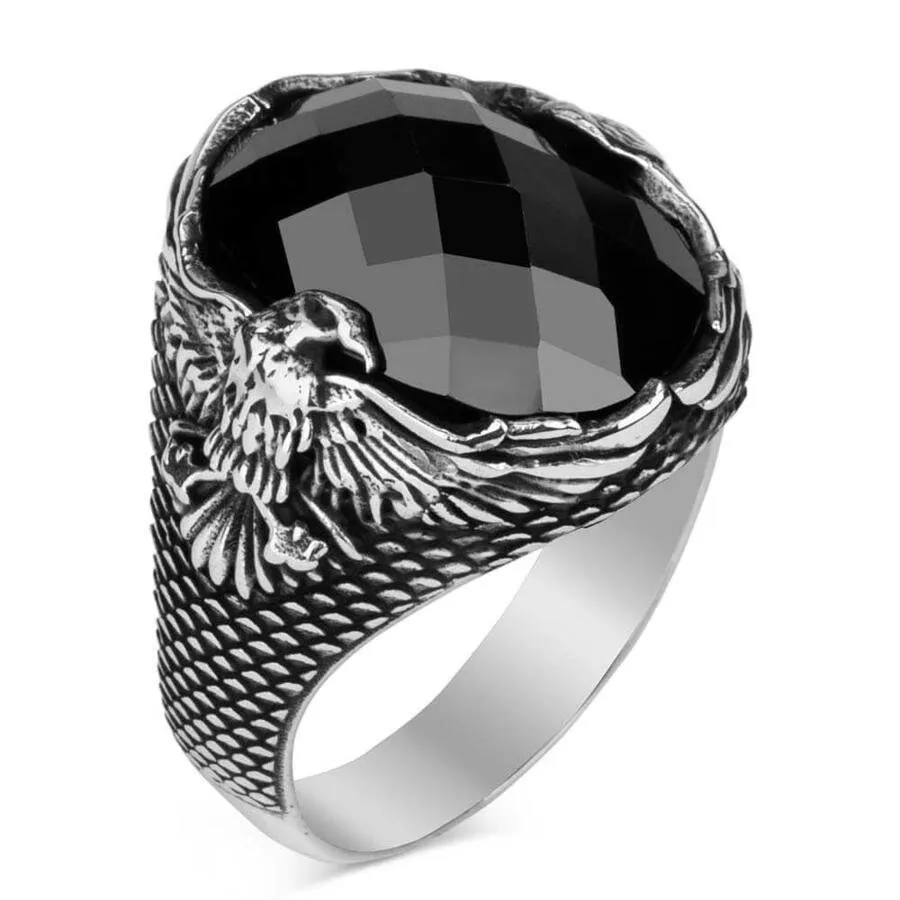 

Sterling Silver Man Ring Natural Stone(Zircon) eagle Pattern Handmade 925k Sterling Silver Made in Turkey Outstanding Gift