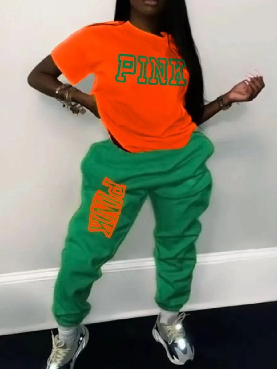 LW Plus Size Pink Letter Print Pants Set short sleeve Two Piece Sets Women short Tshirt + Jogger Pants Tracksuits Casual Outfits