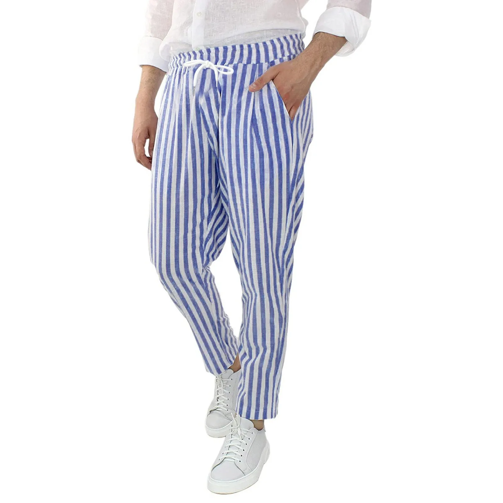 Cotton And Linen Pants Men's Striped Trousers Loose Casual Summer Breathable Drawstring Elastic Waist Trousers Streetwear 2023