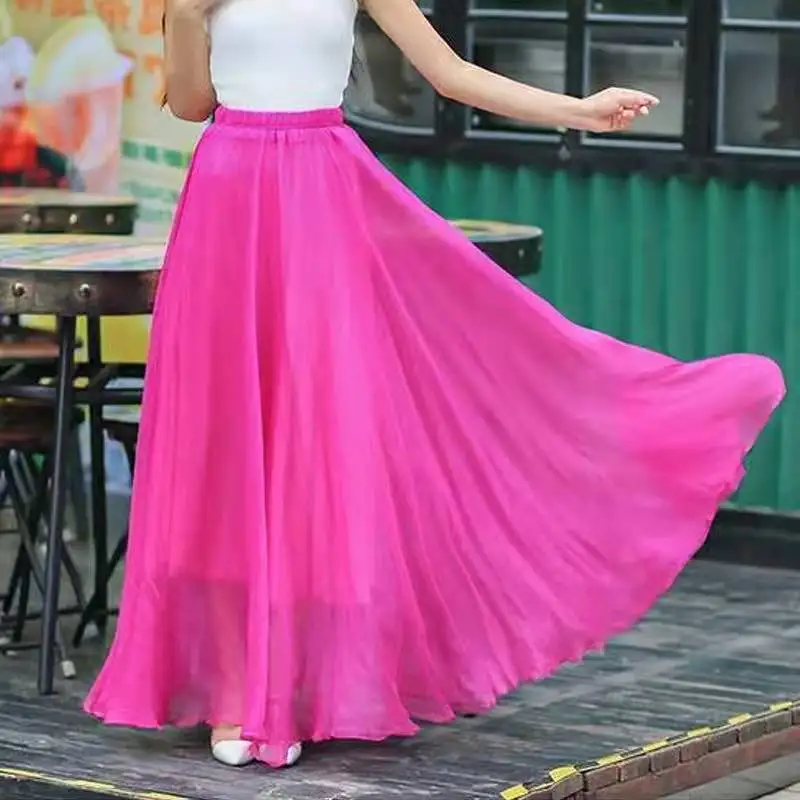 

Summer Style Women Skirts Elastic High Waist Bohemian Chiffon Long Pleated Skirts For Beach XY-2