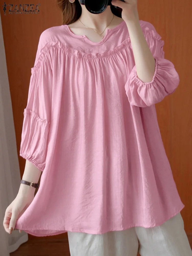 

Vintage White Baggy Camisas Blouse Women Summer Tunic 2022 ZANZEA Puff Sleeve Solid Tops Casual Holiday Patchwork Ruffle Shirts