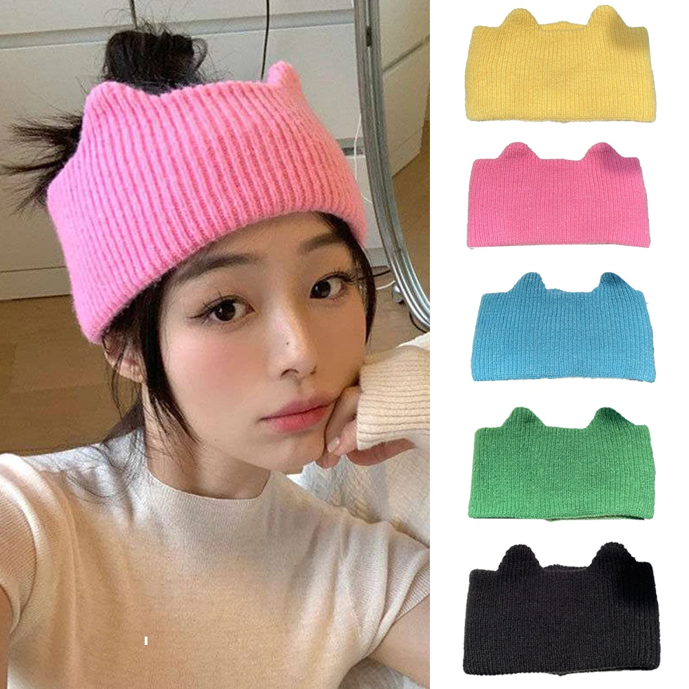 

Cute Cat Ears Warm Knitted Headband Female Retro Autumn Winter Face Wash Elastic Hair Bands Solid Color Wide-brimmed Head Wrap