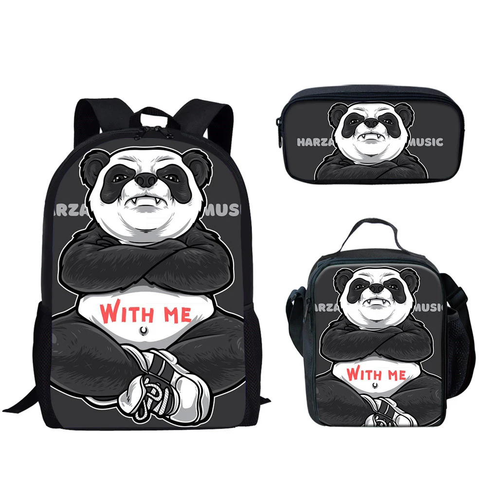 

Cool Panda 3pcs/Set Backpack Lunch Bag Pencil Case Student Bookbag Cartoon Animal Print Teenager Boys School Bag Laptop Daypack