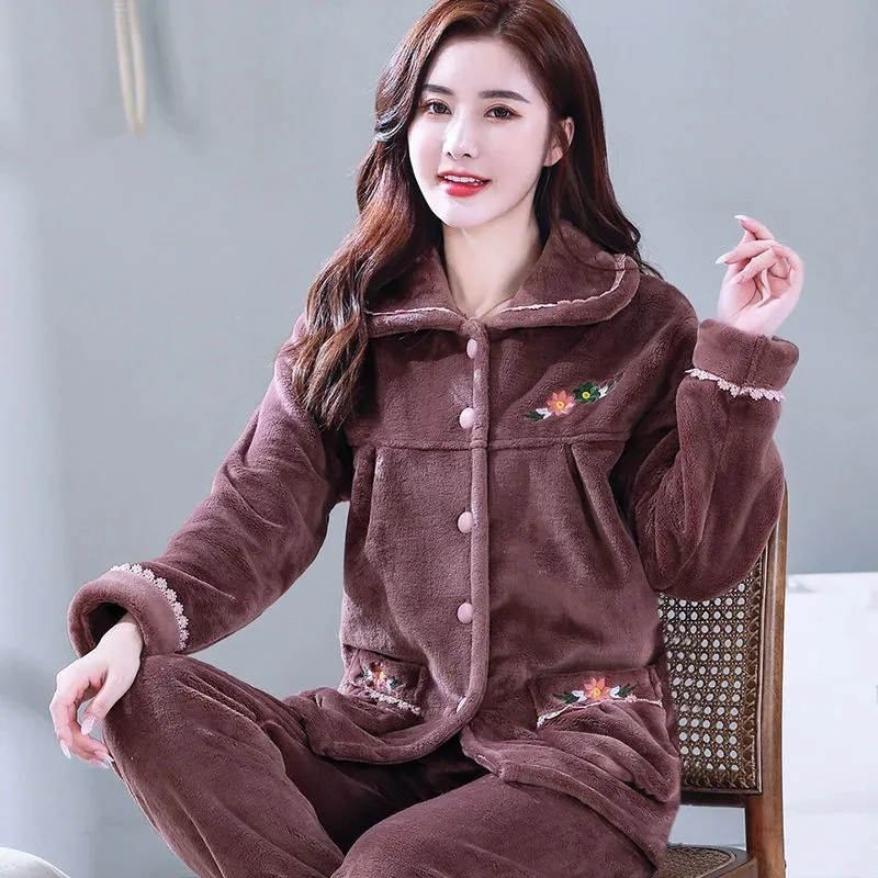 

Flannel Pajama Sets Women Long Sleeve Full Length Pajamas Set Winter Nightwear Leisure Lounge Sleepwear Pyjamas for Womens