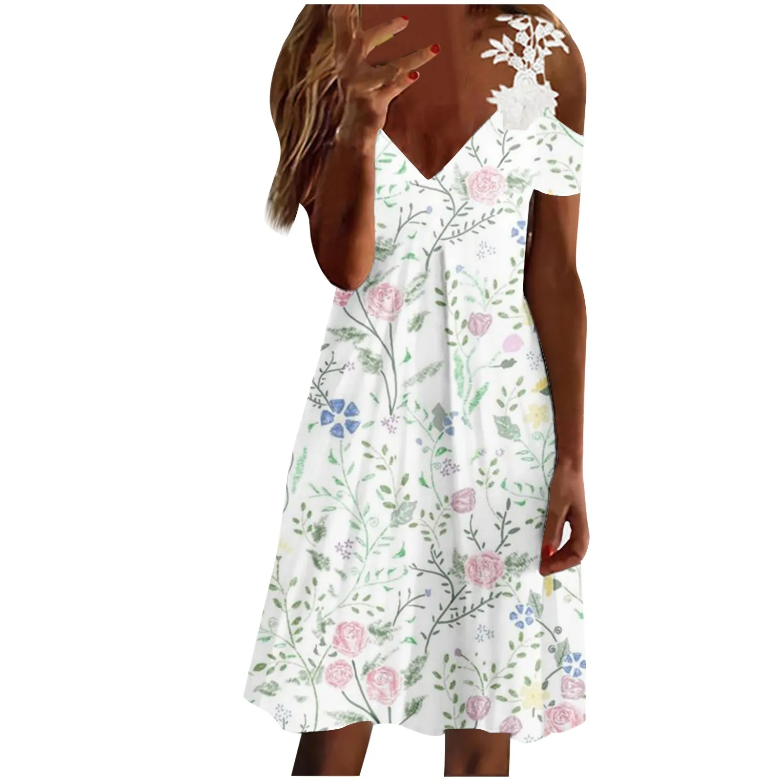 

Ladies Lace Trim Flower Print Dress Casual Sling Short Sleeve V Neck Easter Dresses For Women