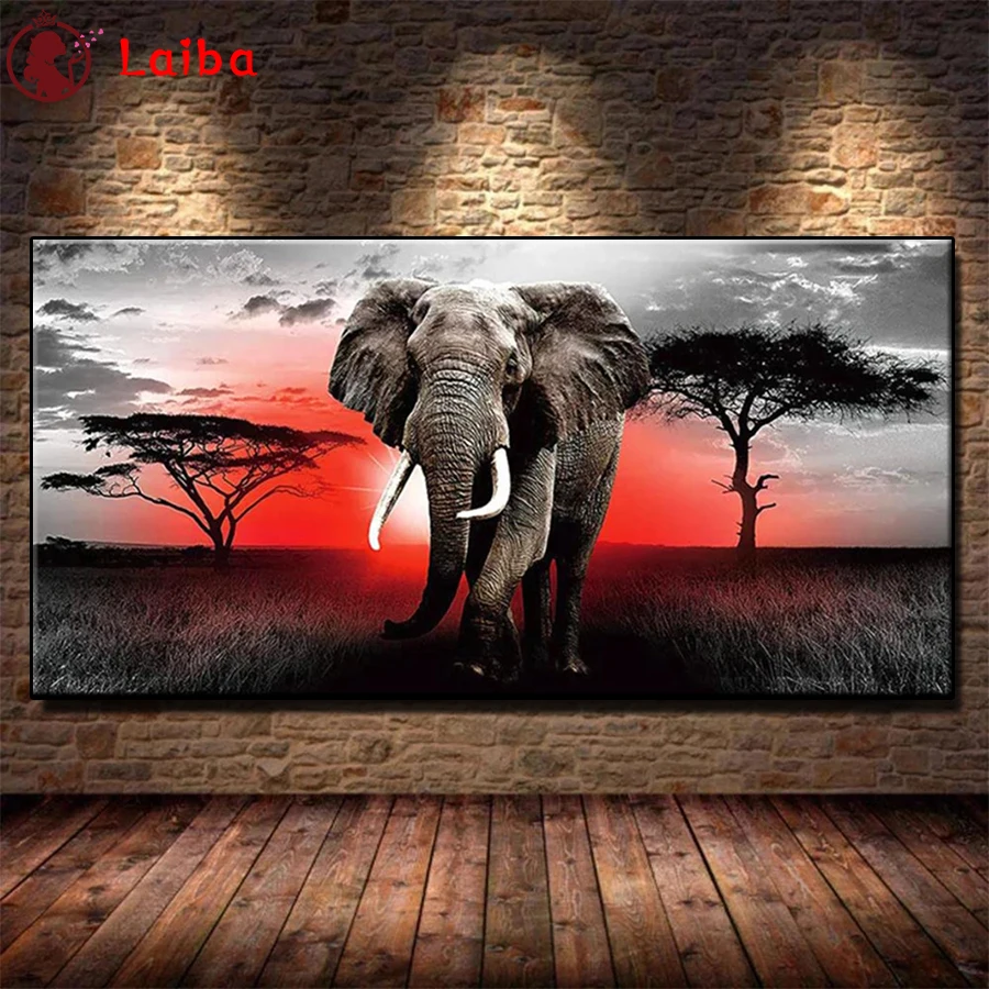 

Diamond Embroidery Sunset African Wildlife Elephant Diamond Painting Full Square round drill Mosaic Cross Stitch Wall Art