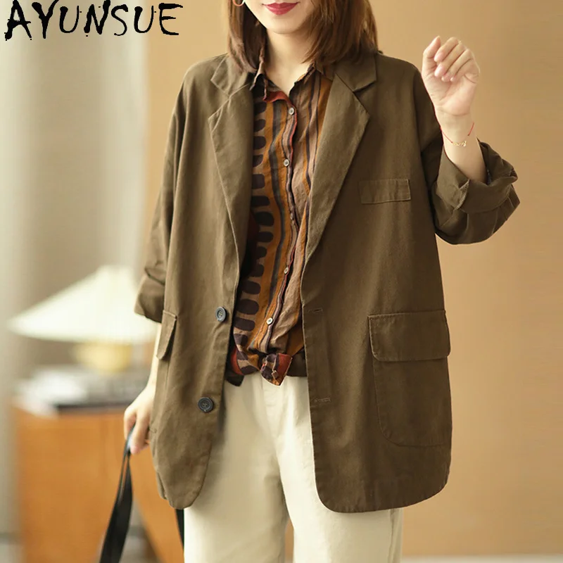 

Новинка весна-осень 2023, Женское пальто, женские хлопковые блейзеры, Корейская повседневная куртка, женский элегантный костюм с длинным рука...