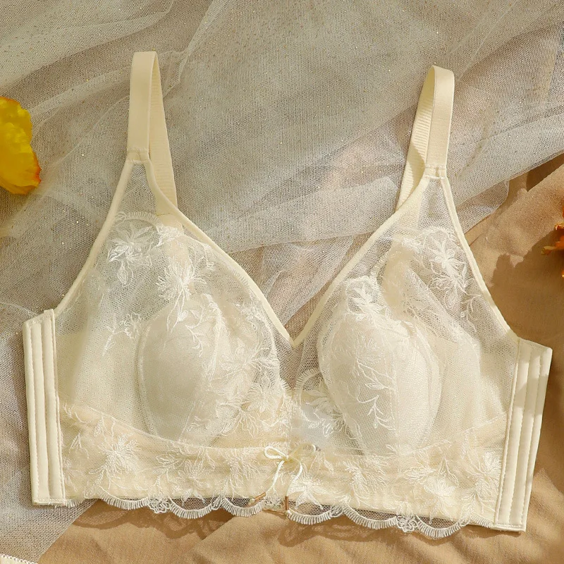 Sexy ultra-thin bra and panty set lace lingerie suit women's thin bra gathers breasts bralette four-breasted lingerie underpant