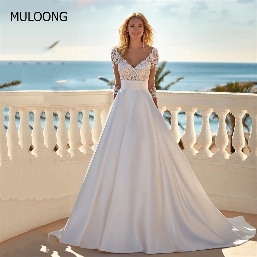 

MULOONG Elegant Ivory Short Sleeve Lace Appliques V Neck A Line Long Wedding Dress Floor Length Sweep Train Pleat Gowns New
