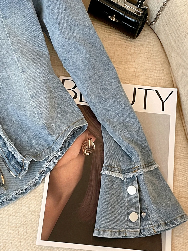 Женская синяя джинсовая куртка винтажная модная на молнии с длинными рукавами