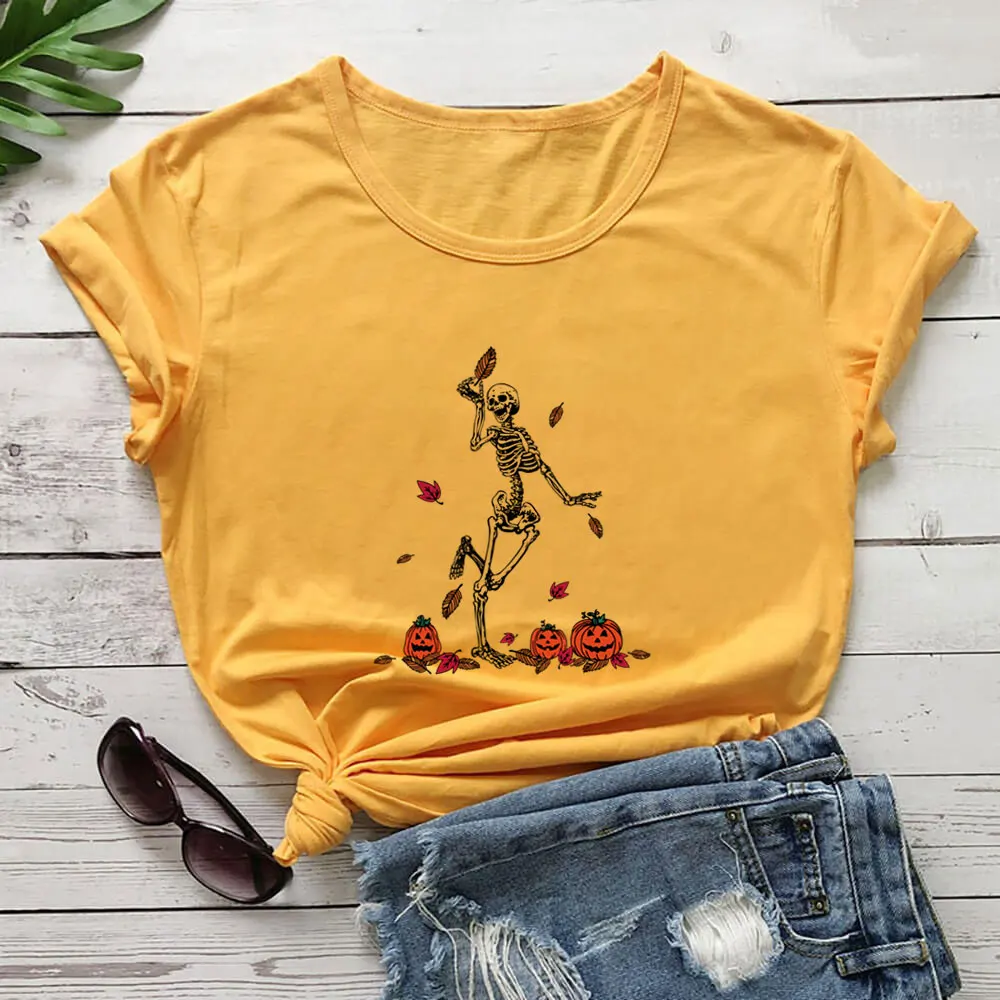 

Забавная рубашка с изображением тыквы и скелета на Хэллоуин, 100% Хлопковая женская футболка, Забавный летний Повседневный Топ унисекс с коротким рукавом, футболка, подарок для нее