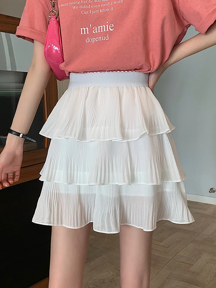 

GGRIGHT Casual White Chiffon A Line Mini Skirts Jupe Femme Elastic High Waist Layered Pleated Skirt Women Summer Clothes 2022