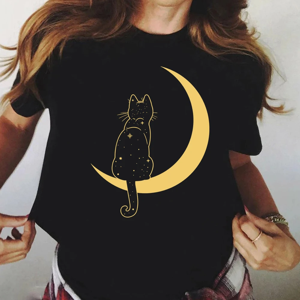 

2022 Women Mystical Moon Cat T-Shirt Mystical Cat Graphic Tee Boho Cotton Shirts Women Gothic Style Shirts Vintage Tee Tops