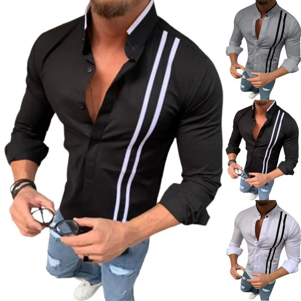 

Рубашка мужская с принтом в полоску, модная сорочка контрастных цветов с длинными рукавами, с отложным воротником, на пуговицах, одежда на в...