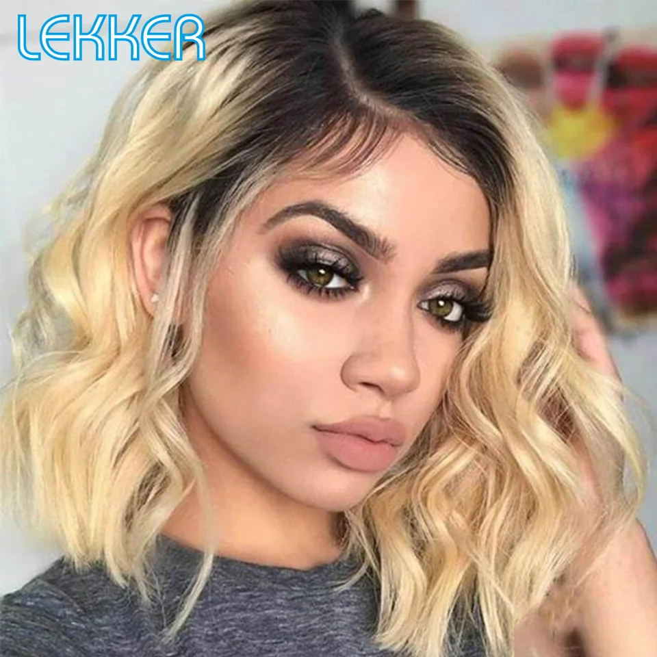 Lekker 613 Curly Bob HD Lace Front Human Hair Wig For Women Brazilian Remy Hair Ombre Blonde Glueless Colored Transparent Lace