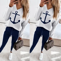 hot boat anchor print autumn spring t shirt two piece printing long sleeved v neck fashion women leisure trousers suit white new