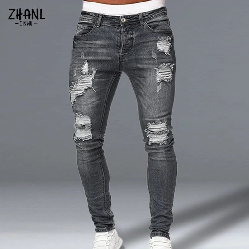 Mens Jeans Ripped Skinny Jeans Hip Hop Hole Pencil Pants Casual Trousers Streetwear High Quality Distressed Denim Men Clothing
