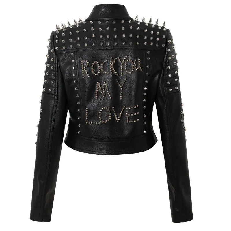 Ladies autumn and winter new street rock motorcycle punk style badge stitching heavy industry rivet short leather jacket