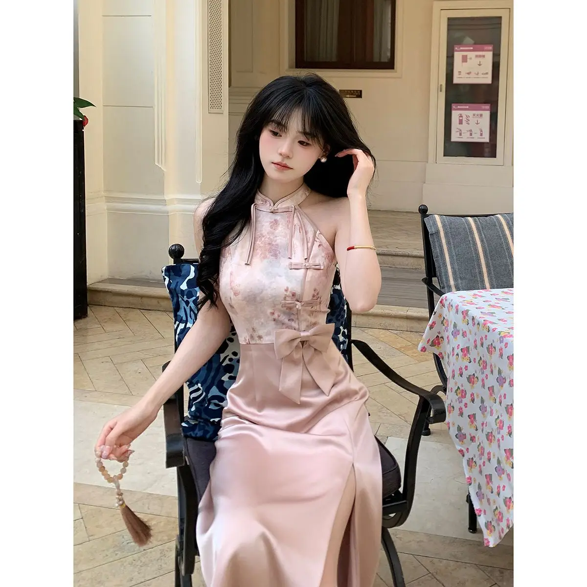 Женское розовое платье-Ципао из полиэстера