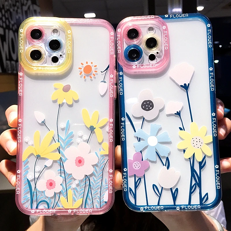 

Soft Flowers Transparent Phone Case For iphone 11 12 13 Pro Max XS X XR 7 8 Plus SE 2020 Shockproof Bumper Back Cover