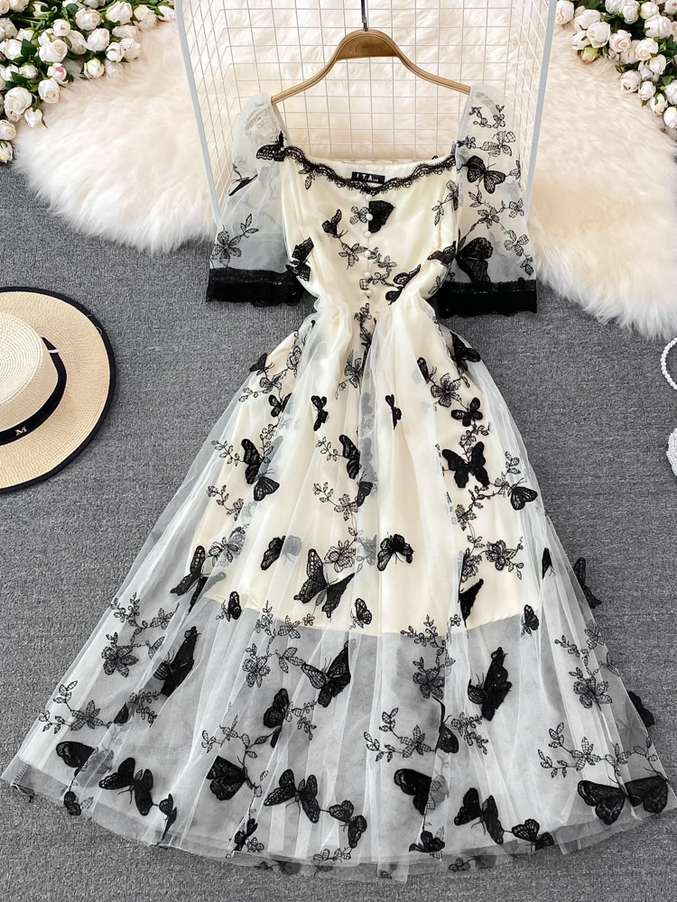 

Женское летнее газовое платье LY VAREY LIN, облегающее милое платье с коротким рукавом и вышивкой в виде бабочки