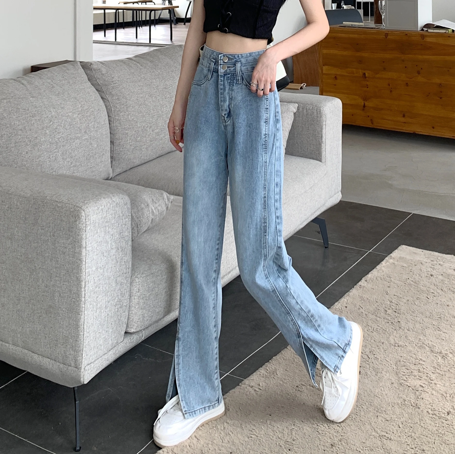 N0811  New Loose High Waist Straight Pants Design Mopping Pants Jeans