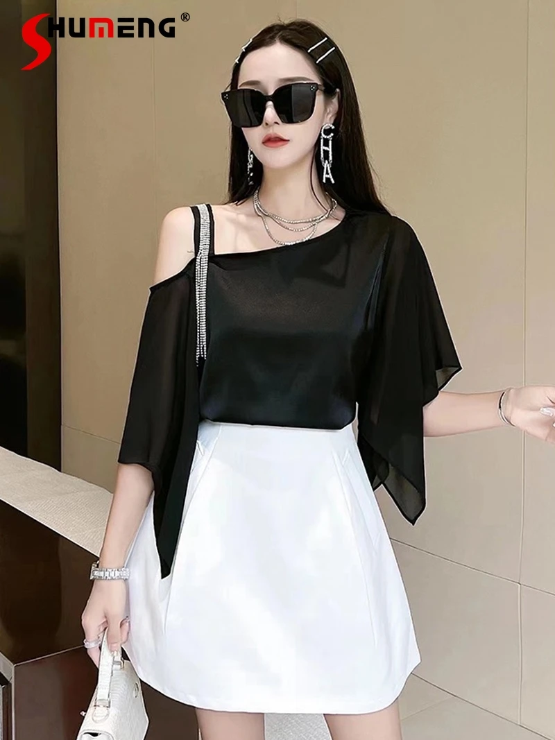 

Женский пуловер, черные рубашки, Новинка лета 2022, Свободная Женская блузка с диагональным воротником и открытыми плечами на бретелях, топы с...