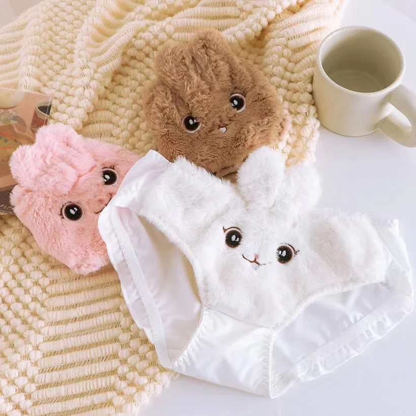 Japanese lolita pink plush cartoon cat embroidery brassiere no steel ring gathered bra set no steel ring suit girl bra and panty