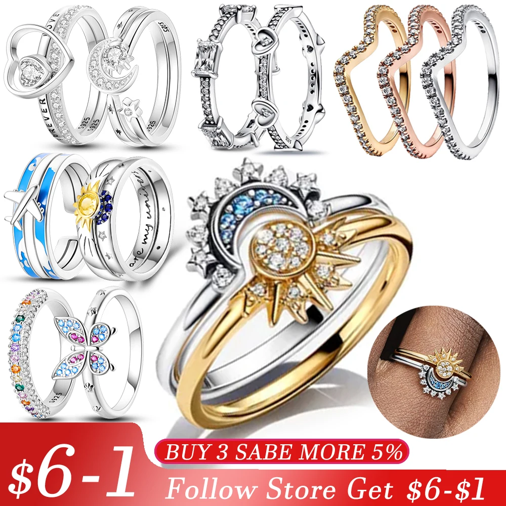 

Hot Sale Original 925 Sterling Silver Woman Ring Galaxy Blue Zircon Sun Star Moon Wedding Stacking Ring Jewelry Gift For Women